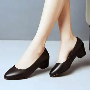 黑色皮鞋女酒店工作鞋防滑软底粗跟女鞋真皮空姐职业上班正装单鞋