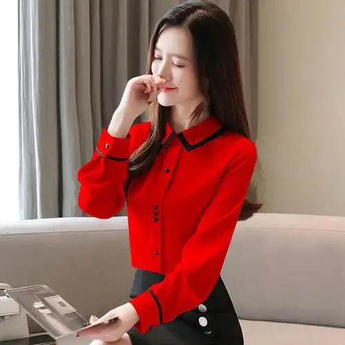 红色雪纺衬衫女春秋装2021年新款女士衬衣衣时尚衬衫