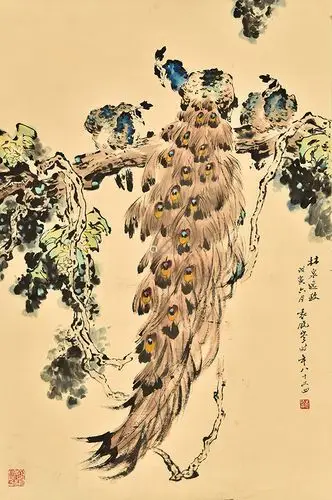 袁晓岑款孔雀林泉逸致