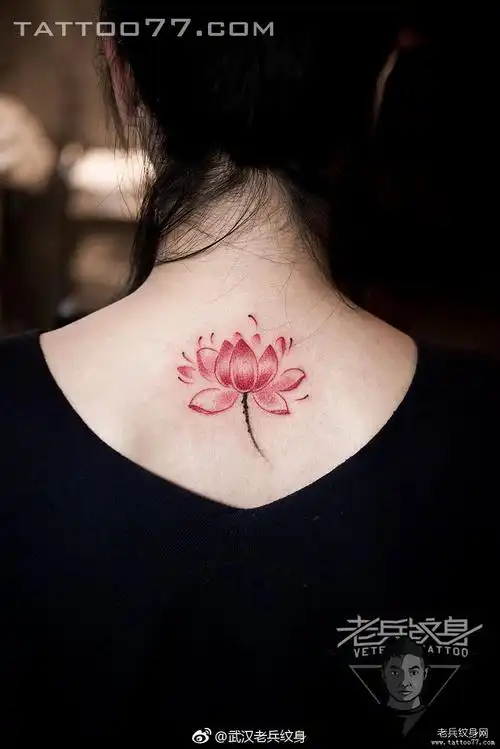 后背彩色莲花刺青纹身图案