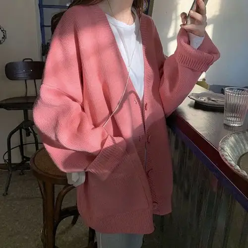 春秋韩版粉色针织水蜜桃开衫2020新款v领外穿慵懒宽松毛衣外套女