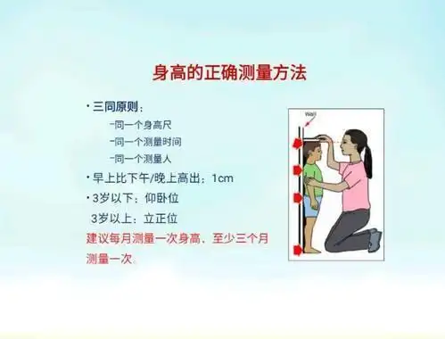身高的测量时间:每次同一时间 同一个人 同一把身高尺测量,早上比下午