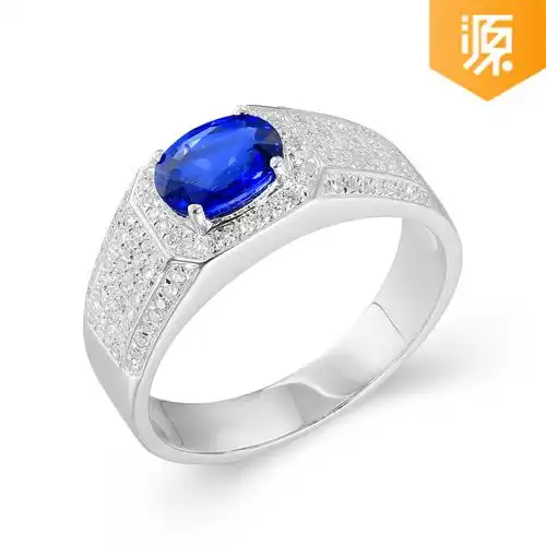 豪镶男戒 天然蓝宝石戒指男士18k白金镶嵌钻石 善合珠宝定制款