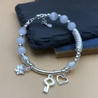 简约银手镯百搭串珠花纹桃心银镯子新款银饰 串珠 4-15克【图片 价格