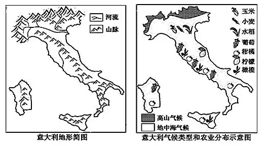 意大利地形简图            图2意大利气候类型和农业分布示意图