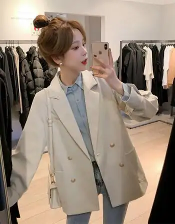 双排扣西装外套女设计感小众韩系通勤春装女士炸街小西服 米色 s