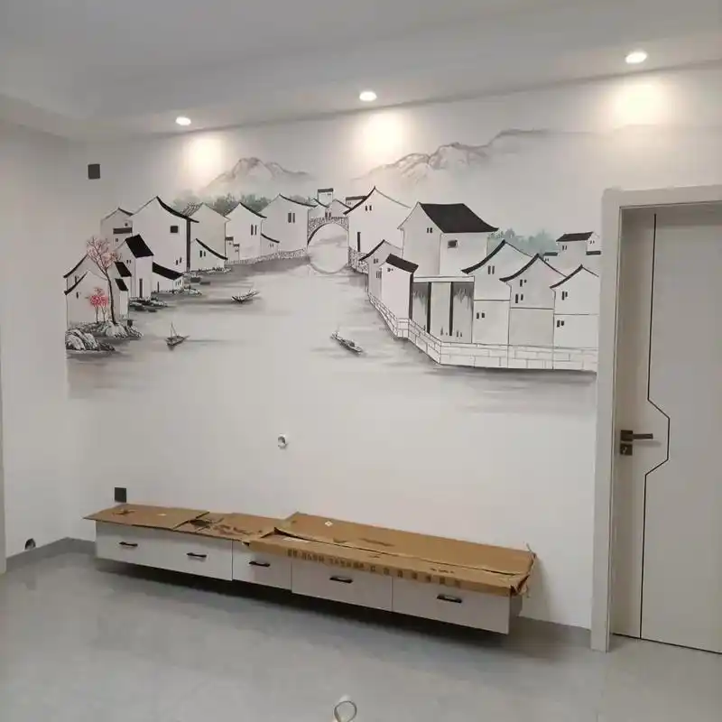 江南风光室内墙绘  动的手都快掉下来了#墙绘#壁画#国画#艺 - 抖音