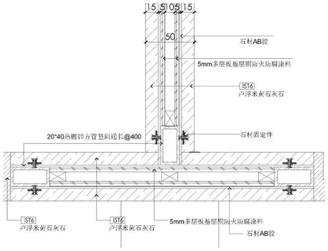 深化节点方案后↑用20*40方管做钢架加固,平封5mm基层板,固定木方上