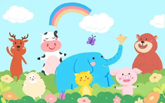 花丛中快乐的小动物聚会游玩卡通动物插画