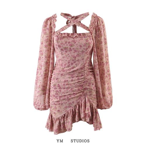 欧美女装   纯欲风碎花交叉绑带印花连衣裙抽褶辣妹风修身迷你裙