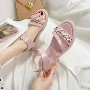 青少女生凉鞋平底初中生年新款夏季少女露趾流行潮透气露趾平底鞋粉色