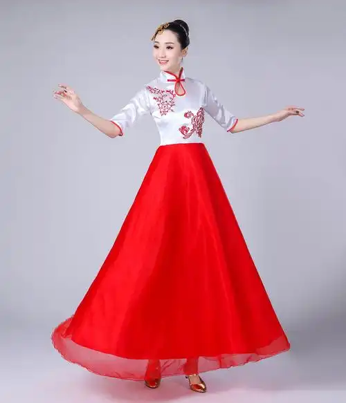 新款青花瓷成人大合唱服长裙演出服装女中学生民乐古筝演奏团梅花