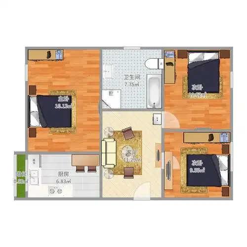 新发小区3室1厅1卫1厨80.00㎡户型图