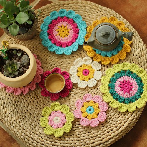 良本手勾花钩编森系糖果系田园风 杯垫盘垫锅垫套装 *大花小花*