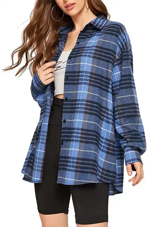 arssm 女式休闲法兰绒格子衬衫系扣衬衫衬衫上衣外套