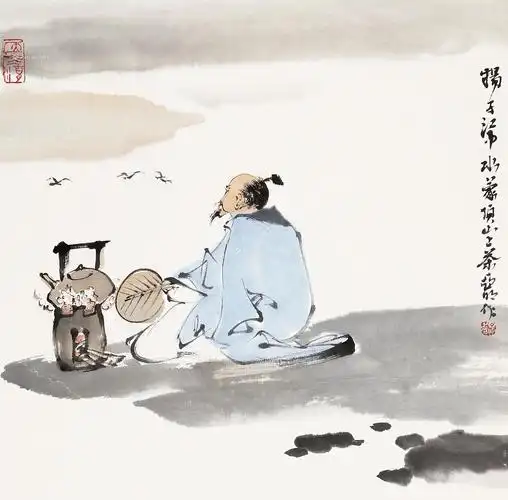 0574 江边烹茶 立轴 设色纸本