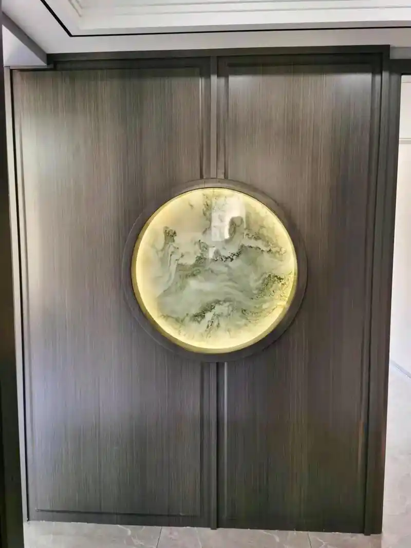 天然山水画大理石圆形玄关安装实拍#天然山水画石材背景墙 #山 - 抖音