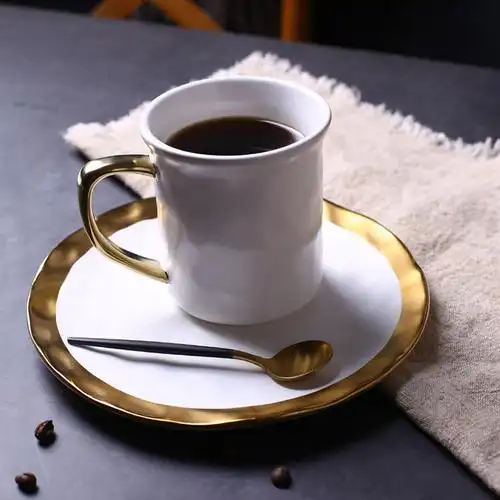 美式金边陶瓷马克杯咖啡杯子复古哑光黑金办公室茶水杯情侣杯礼品