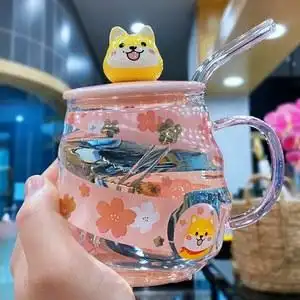 耐热玻璃杯夏季水杯子带盖吸管 ins可爱女生家用早餐泡花茶杯带把