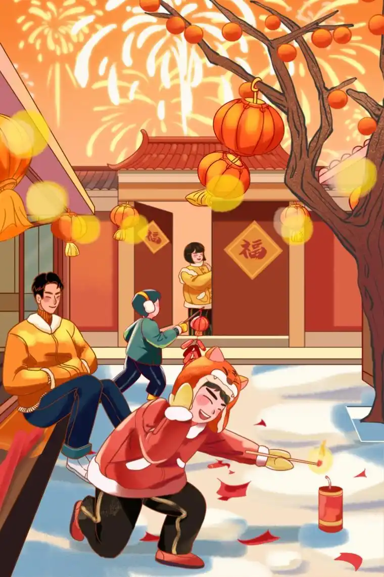 喜庆新年挂大红灯笼放鞭炮烟花插画