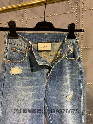 gucci古驰蓝色纯棉牛仔破洞效果环保水洗有机牛仔裤长裤638045