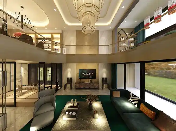 现代轻奢混搭别墅客厅装修效果图