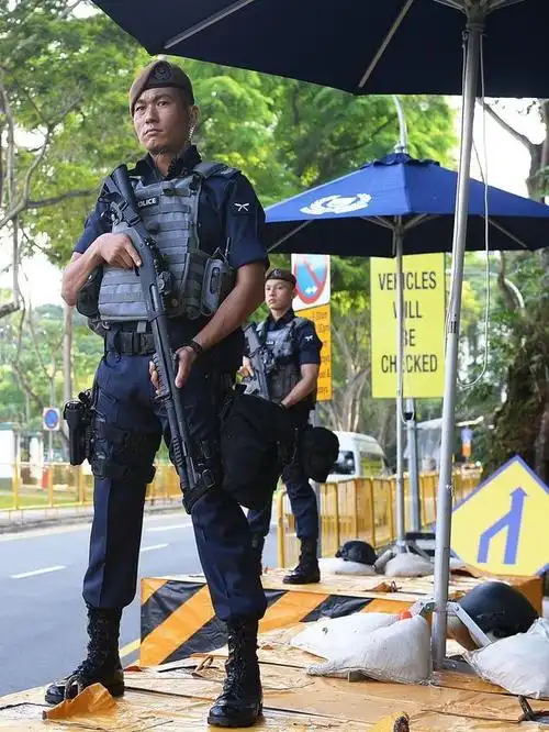 执行警戒护卫任务的新加坡警察严阵以待.
