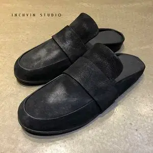 夏季 男休闲皮半拖鞋 头层磨砂植鞣牛皮懒人鞋套脚男士皮拖