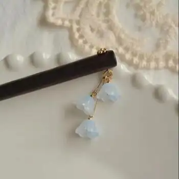 皓范儿桃木簪子吊坠蓝色琉璃铃兰发簪可爱盘发简约禾木发簪日常丸子头