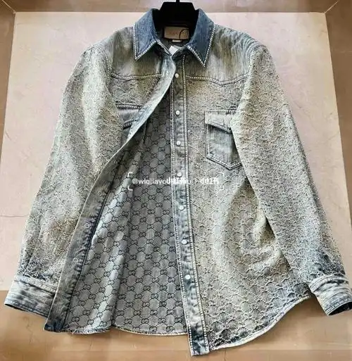 gucci古驰水洗牛仔提花衬衫外套夹克满钻