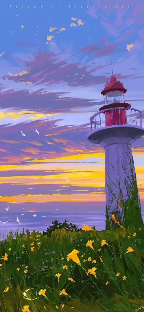 唯美油画风景灯塔绝了呀
