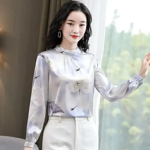 新款品牌真丝衬衫女年春季时尚印花长袖衬衣立领小清新桑蚕丝上衣