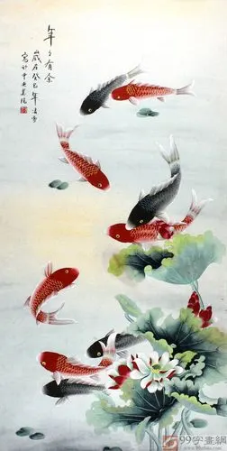 已售北京美协凌雪四尺荷花九鱼图年年有余