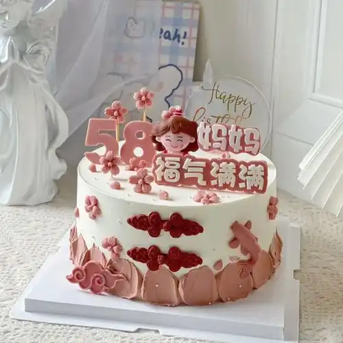妈妈生日蛋糕装饰插件福气满满吉祥如意折扇旗袍盘扣樱花模具中式