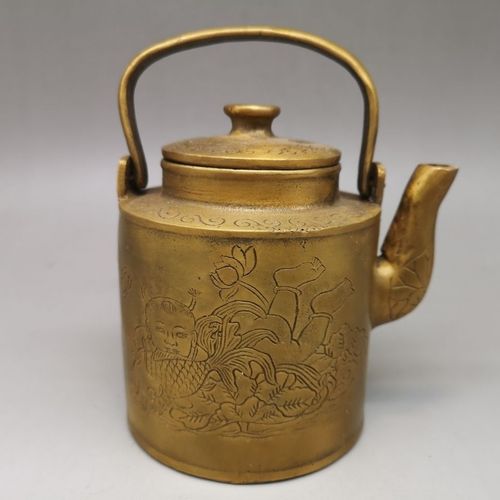 古玩古董纯铜提梁铜水壶纯铜茶壶复古黄铜酒壶家用装饰摆件