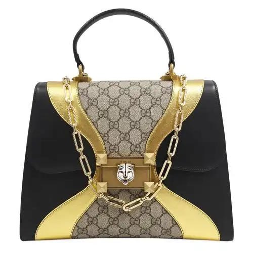 [9.5新]古驰gucci女士手提包ggpvc拼牛皮珐琅虎头金属扣中号手袋