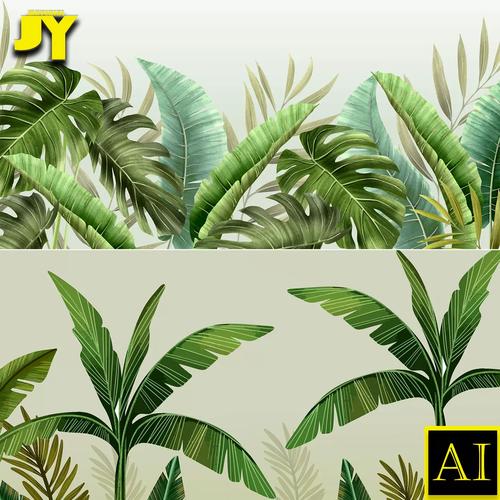 手绘植物花卉热带雨林蓝色树叶植物剪影3d背景墙海报插图ai素材
