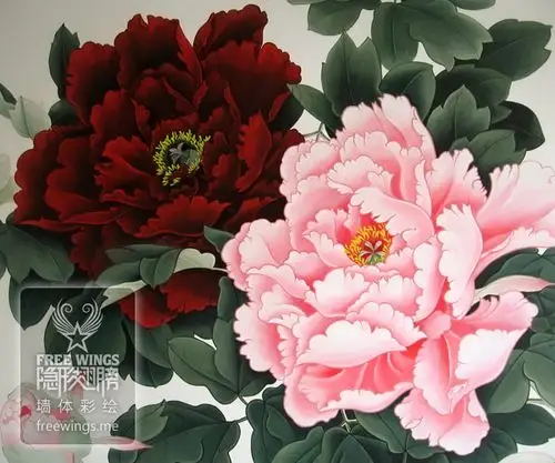 边这幅牡丹由2位画师共同完成连云港姜小姐客厅墙绘—名家李晓明牡丹