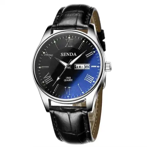 手表男潮流时尚男士表夜光真皮带日历学生钢带防水机械石英表男表