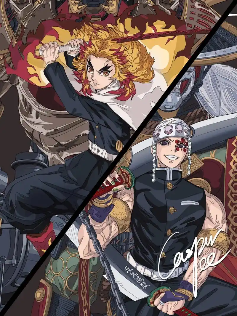 《九柱集结》  炎柱-炼狱杏寿郎 音柱-宇髄天元 水柱-富冈义勇 虫柱