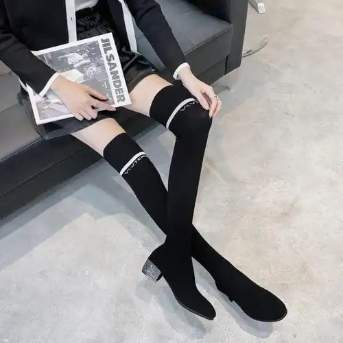 公牛世家同款过膝长靴袜子鞋女2020秋冬新款针织弹力袜子靴中跟长筒高