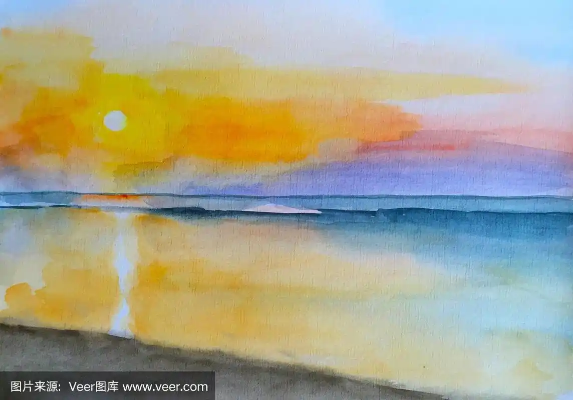 海滩上的日落水彩画