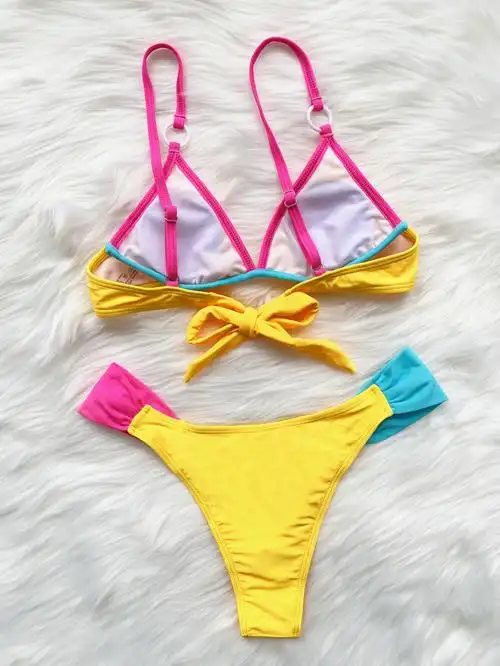 婵双新款比基尼拼色泳衣欧美游泳衣女士泳装绑带纯色bikini6275