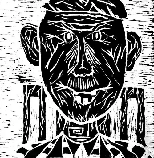 牙齿少了,额头,脸颊,下巴上的皱纹像刀刻一般,黑白版画将老人的特点