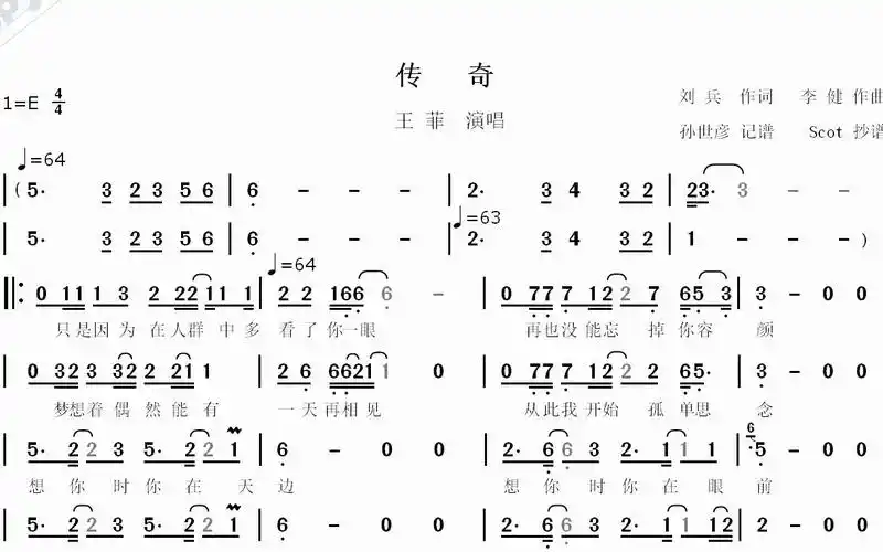 【经典歌曲】传奇--王菲演唱--动态简谱