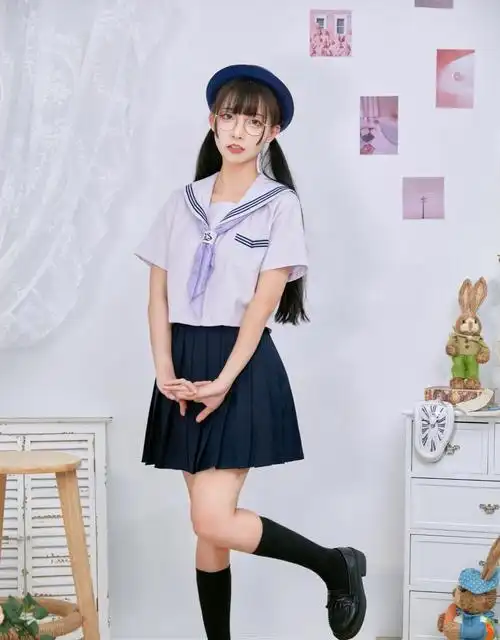 御茶家日系紫色短款水手服短袖中间服原创jk校供感早春学院风绀色下裙