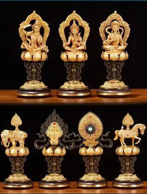 慧宝纯铜轮王七政宝加紫檀木底座七珍密宗吉祥摆件专利古典摆件