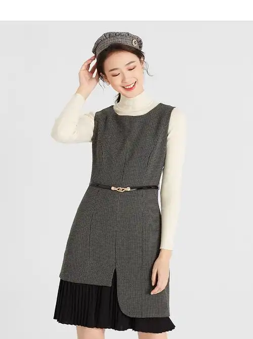 阔太秋冬新款名媛气质千格鸟连衣裙中长款显瘦无袖背心裙女装 灰色 m