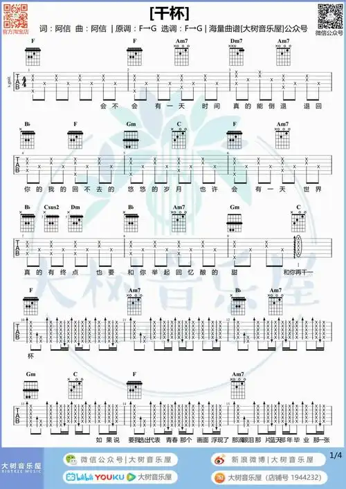 干杯吉他谱_五月天_《干杯》f调原版六线谱_吉他弹唱_吉他谱屋