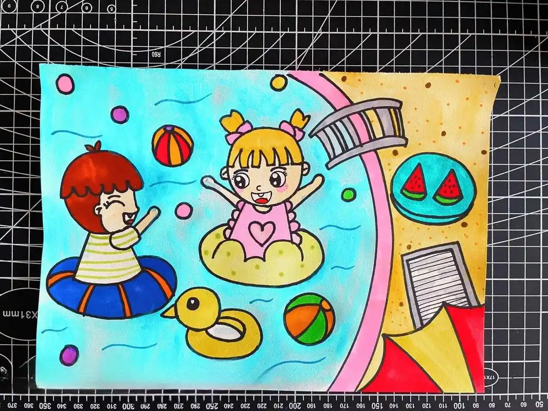 马克笔儿童画游泳 夏天到了 一起去游泳吧 游泳是人在水的浮力作用下